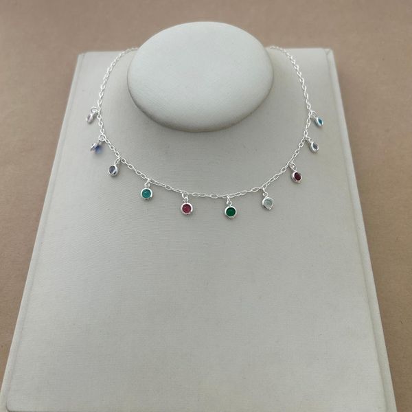 CHOKER 7 ZIRCÔNIA COLORS REDONDAS PENDURADAS ELOS 35CM + 4CM DE EXTENSOR 