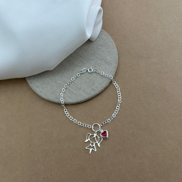 PULSEIRA CIRCULO COM MENINA VAZADA E CORAÇÃO ZIRCÔNIA ROSA
