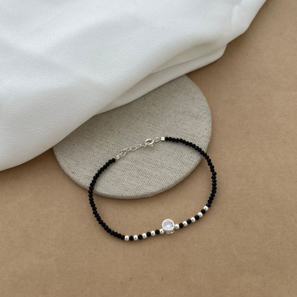 Pulseira Cristais Ônix Com Bolinha e Zircônia Redonda 