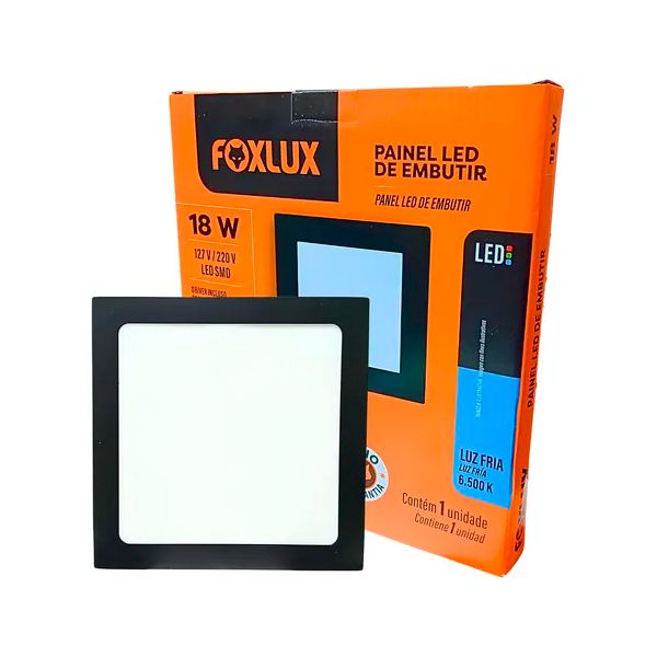 PLAFON LED 18W QUADRADO EMBUTIR 6500K PRETO BIVOLT FOXLUX 
