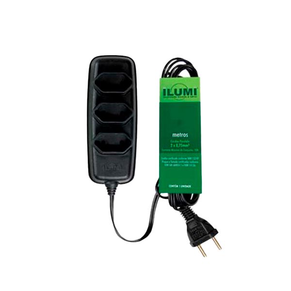 Extensão Compacta 2P+T com Cabo PP Chato 10A 250V 10m Preto ILUMI