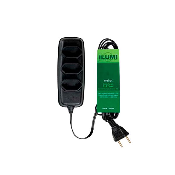 EXTENSÃO COMPACTA 2P 10A 3 METROS PRETO 3 TOMADAS ILUMI