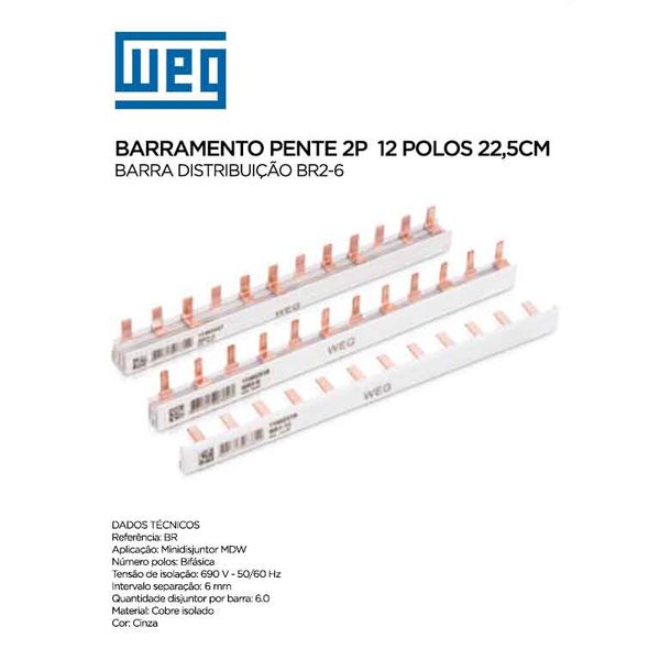 BARRAMENTO PENTE 80A BIPOLAR 12P 22,5CM WEG