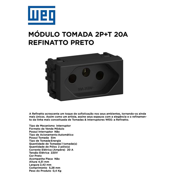 MODULO TOMADA 2P+T 20A PRETO REFINATTO