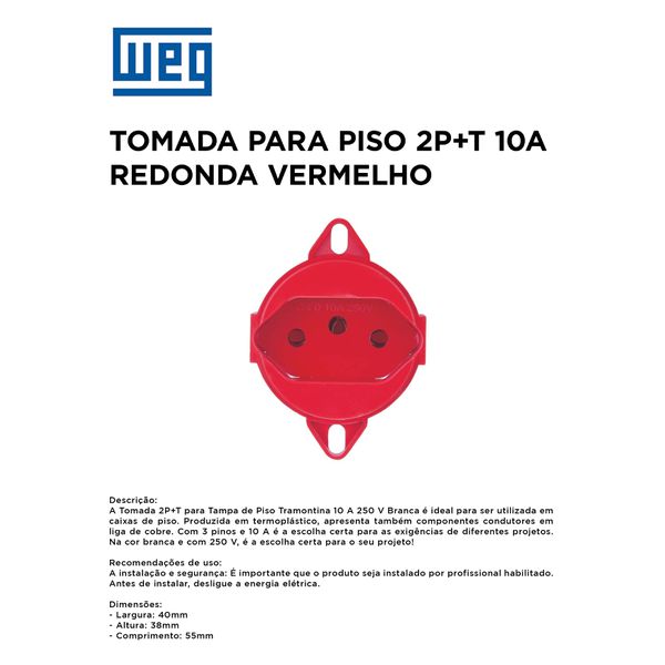 TOMADA 2P+T 10A VERMELHO PARA PISO WEG