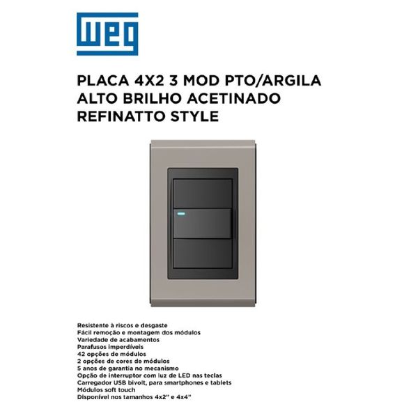 PLACA 4X2 3 MOD PRETO/ARGILA ALTO BRILHO REFINATTO PREMIUM