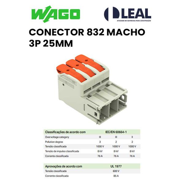 CONECTOR 832 MACHO 3P 25MM WAGO