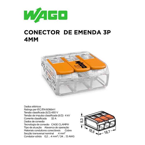 CONECTOR DE EMENDA 221 3P 4MM WAGO