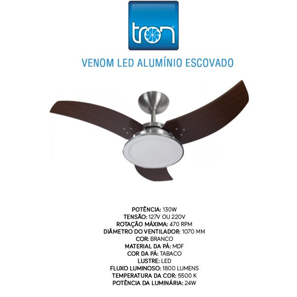 VENTILADOR TETO VENON LED 127V TABACO/AL ESCOVADO