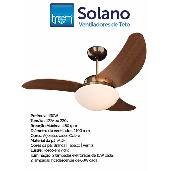 VENTILADOR TETO SOLANO COBRE 127V 2 LÂMPADAS