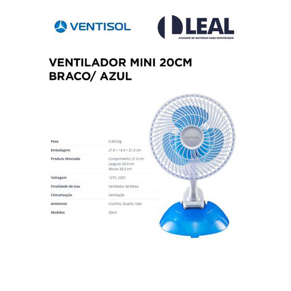 VENTILADOR MINI 20CM BRANCO E AZUL (BASE OU CLIPS)