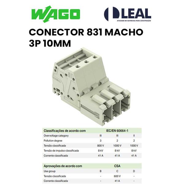 CONECTOR 831 MACHO 3P 10MM WAGO