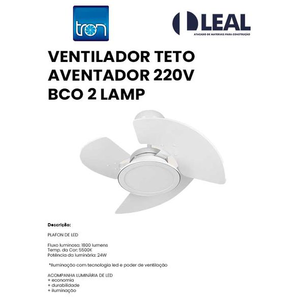 VENTILADOR TETO AVENTADOR 127V BRANCO 2 LÂMPADAS