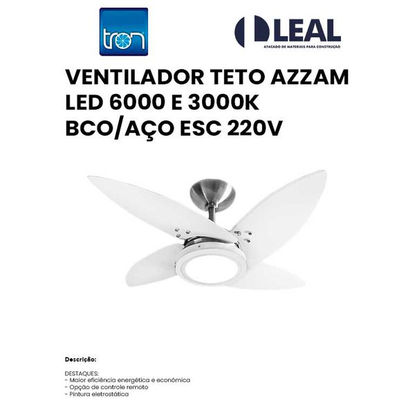 VENTILADOR TETO AZZAM LED 6000 E 3000K BRANCO/AÇO ESCOVADO 220V