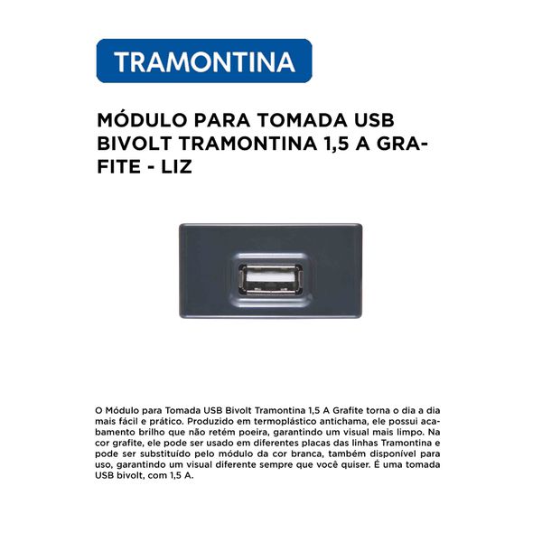 MÓDULO TOMADA USB BIVOLT 1.5A GRAFITE LIZ