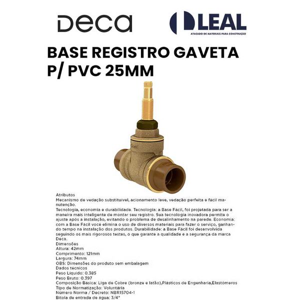 BASE REGISTRO GAVETA P/ PVC 25MM DECA