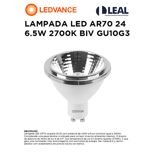 LÂMPADA LED AR70 6.5W 2700K BIVOLT GU10 LEDVANCE