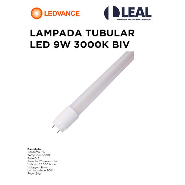 LAMPADA TUBULAR LED 9W 3000K BIVOLT LEDVANCE