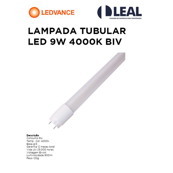 LAMPADA TUBULAR LED 9W 4000K BIVOLT LEDVANCE