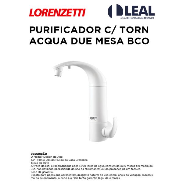 PURIFICADOR COM TORNEIRA ACQUA DUE MESA BRANCO LORENZETTI