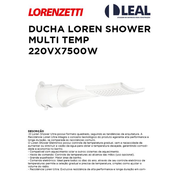 DUCHA LOREN SHOWER MULTI TEMPERATURAS 220VX7500W