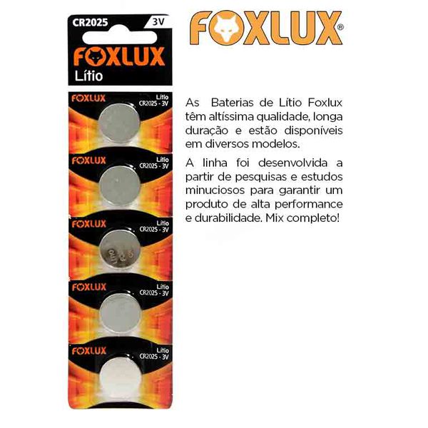 BATERIA DE LITIO 3V CR2025 CART COM 5 PEÇAS FOXLUX