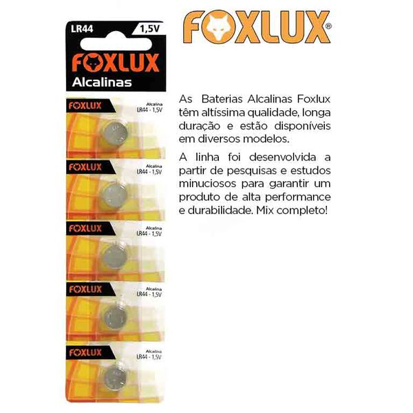 BATERIA ALCALINA 1,5V LR44 CART COM 5 PEÇAS FOXLUX