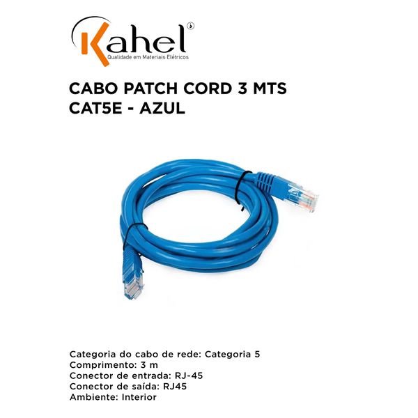 PATCH CORD CAT5E 3 METROS AZUL - KAHEL