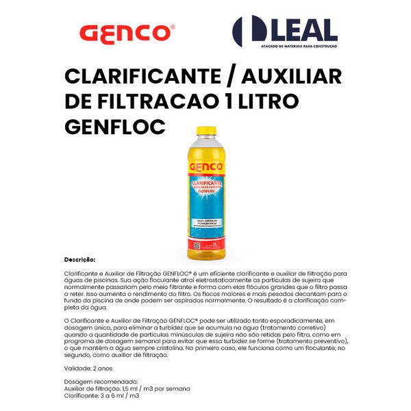CLARIFICANTE / AUXILIAR DE FILTRACAO 1 LITRO GENFLOC GENCO 