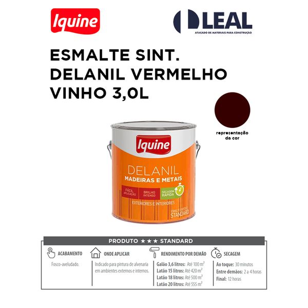 Tinta Esmalte Brilhante Delanil Madeiras e Metais 3L Vermelho Vinho IQUINE 