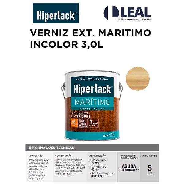 VERNIZ EXTERIOR E INTERIOR MARÍTIMO INCOLOR 3,0L HIPERLACK