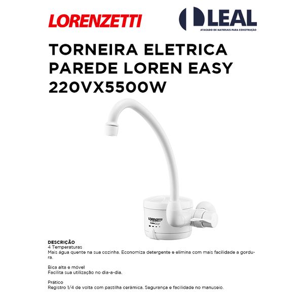 TORNEIRA ELÉTRICA PAREDE LOREN EASY 220VX5500W