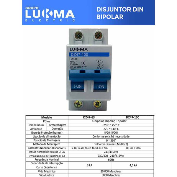 DISJUNTOR DIN BIPOLAR 10A 