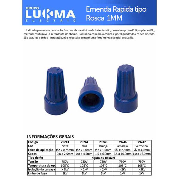 EMENDA RÁPIDA ROSCA CONECTOR DE TORÇÃO AZUL 1MM LUKMA