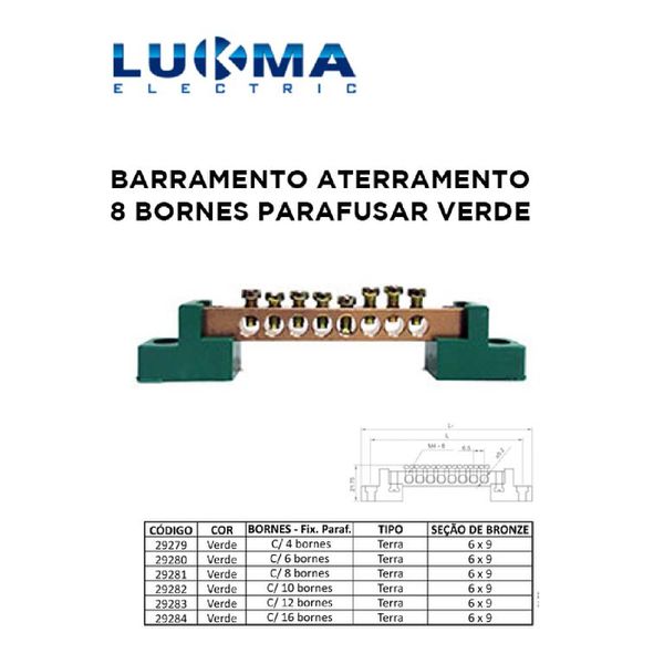 BARRAMENTO ATERRAMENTO COM 8 BORNES PARAFUSAR VERDE LUKMA