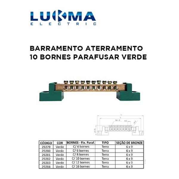 BARRAMENTO ATERRAMENTO COM 10 BORNES PARAFUSAR VERDE LUKMA