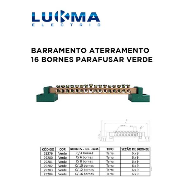 BARRAMENTO ATERRAMENTO COM 16 BORNES PARAFUSAR VERDE LUKMA