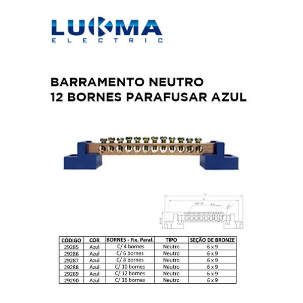 BARRAMENTO NEUTRO COM 12 BORNES PARAFUSAR AZUL LUKMA