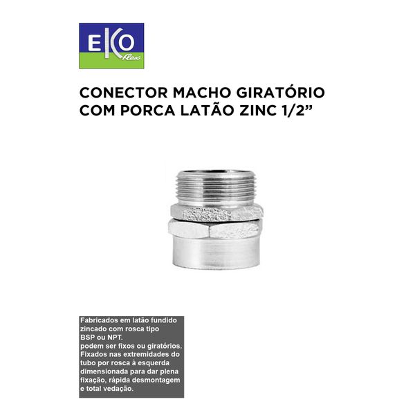 CONECTOR MACHO GIRATÓRIO COM PORCA LATÃO ZINCO 1/2 (KMZGL-012)