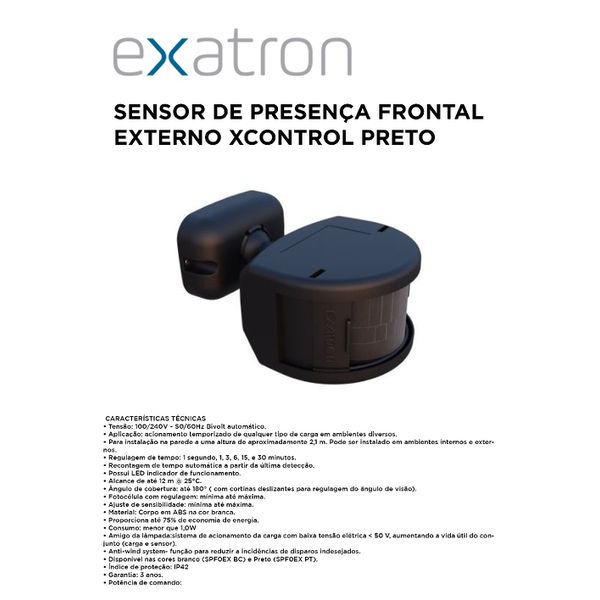 SENSOR DE PRESENÇA EXTERNO FRONTAL PRETO XCONTROL APP EXATRON