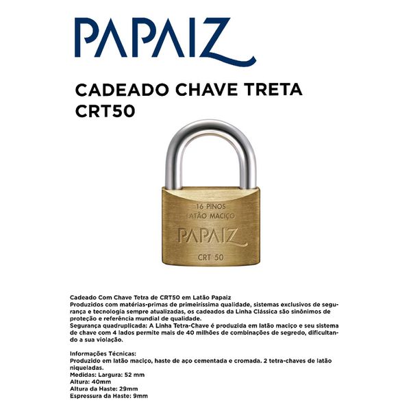 CADEADO CHAVE TETRA CRT50 CAIXA PAPAIZ