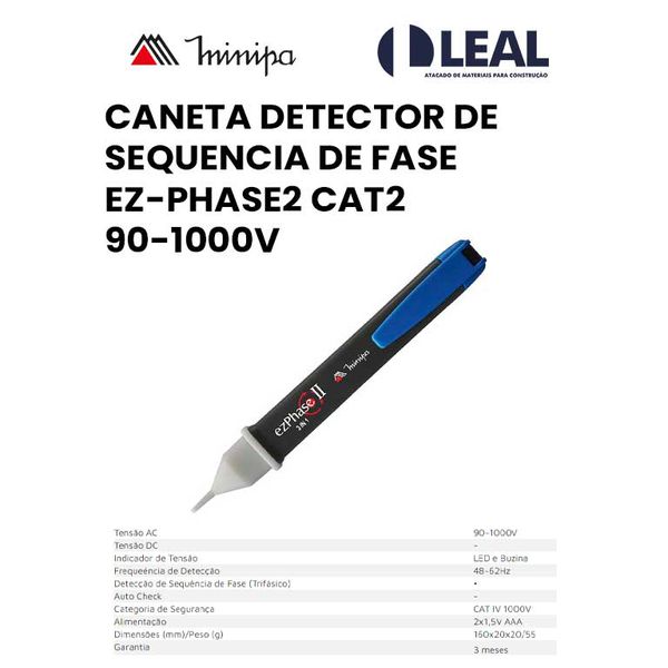 CANETA DETECTOR DE SEQUENCIA DE FASE EZ-PHASE2 CAT2 90-1000V MINIPA
