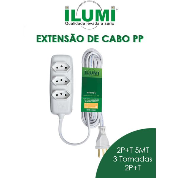 EXTENSÃO COMPACTA PP 2P+T 10A 5MT BRANCO 3TOMADAS ILUMI