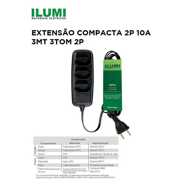EXTENSÃO COMPACTA 2P 10A 3 METROS PRETO 3 TOMADAS ILUMI