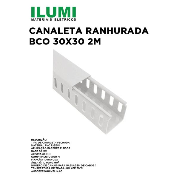 Canaleta sem Adesivo para Painel 30x30mm Ranhurada PVC Branca 2 Metros ILUMI