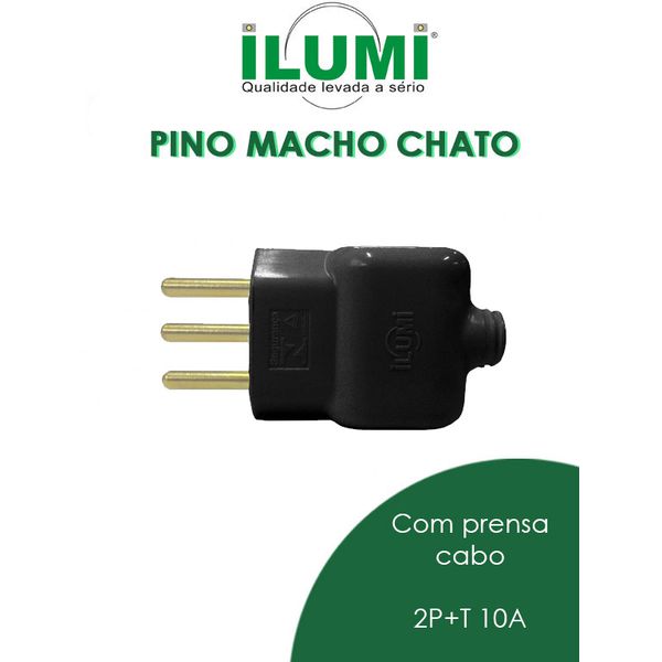 PINO MACHO CHATO COM PRENSA CABO 2P+T 10A PRETO ILUMI