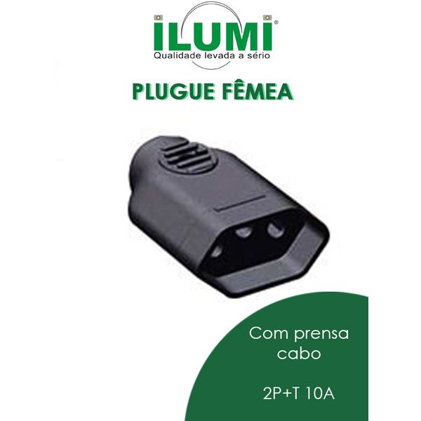 PLUGUE FÊMEA COM PRENSA CABO 2P+T 10A PRETO ILUMI