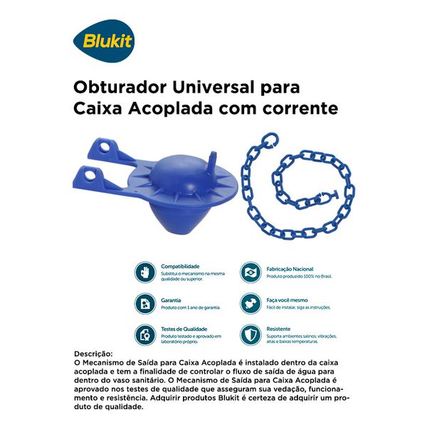 OBTURADOR UNIVERSAL COM CORRENTE PARA CAIXA ACOPLADA BLUKIT