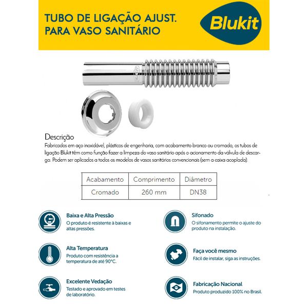 TUBO LIGACAO CROMADO SANFONADO AJUSTÁVEL COM SPUD BLUKIT