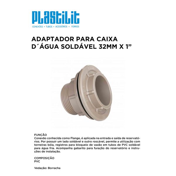 ADAPTADOR FLANGE P/ CAIXA D'ÁGUA SOLDÁVEL 32MMX1